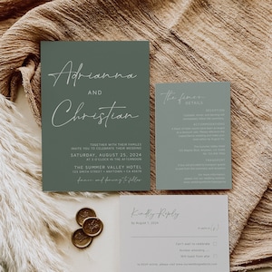 Sage Minimalist Editable Wedding Invitation Suite, Green Modern Boho Photo Invite, RSVP Details Printable Template, Instant Download 580-A