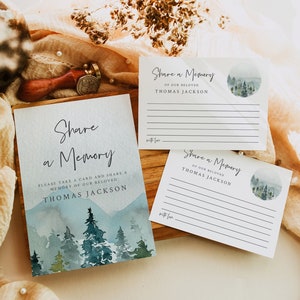 Woodland Share a Memory, Mountain Memorial Memory Card and Sign, Funeral, Editable Template, 531-A