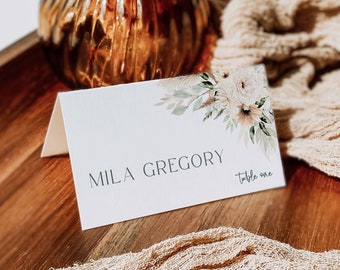 Editable Sage Green Boho Place Cards, Printable Modern Bohemian Escort Cards, Pampas Grass Name Cards, DIY Template Instant Download 591-A