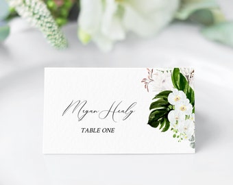 White Floral Seating Cards, Tropical Greenery Name Card, Orchid Protea Editable Place Cards, Wedding Place Card Template Name Card, 546-A