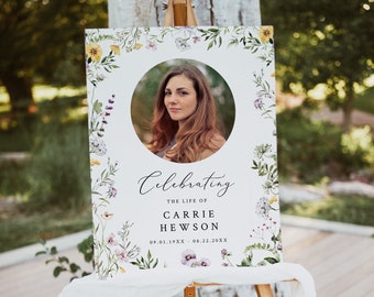 Wildflower Memorial Poster, Funeral Welcome Sign Woman, Celebration of Life Sign with Photo Printable In Memory Sign Template Editable 581-A
