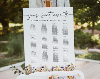 Table Plan Poster with Flowers, Seating Plan Summer Wedding Seating Board, Bright Wildflower Wedding Seating Chart, Editable Template, 510-A