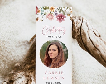 Wildflower In Loving Memory Bookmark, Woman's Funeral Bookmark Favor, Celebration of Life Funeral Keepsake, Obituary Editable Template 595-A