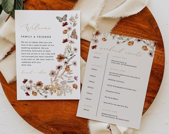 Pressed Flower Wedding Timeline, Fall Wildflower Wedding Weekend Itinerary, Welcome Bag Letter Boho Editable Order of Events Template, 513-A