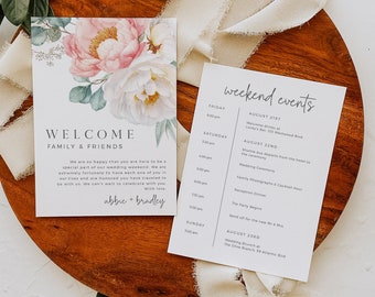 Peonies Wedding Timeline, Peony Wedding Weekend Itinerary, Blush Floral Welcome Bag Letter, Boho Order of Events, Editable Template, 507-A