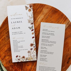 May include: Wedding ceremony program with floral illustrations. The program lists the order of events for the wedding ceremony of Laurel and Adam. The wedding party is also listed, including the officiant, maid of honor, bridesmaids, groomsmen, and ring bearer.