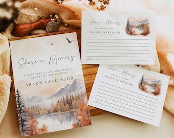 Mountain Share a Memory Card, Memorial Share Memory Template, Fall Woodland Funeral Share a Memory Card Man, Celebration Life Editable 599-A
