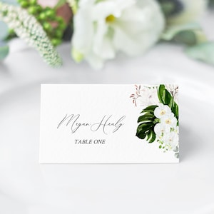 Orchidee Protea bearbeitbare Tischkarten, weiße Blumen Sitzplatzkarten, Tropisches Grün Namenskarte, Hochzeit Tischkarte Vorlage Namenskarte, 546-A