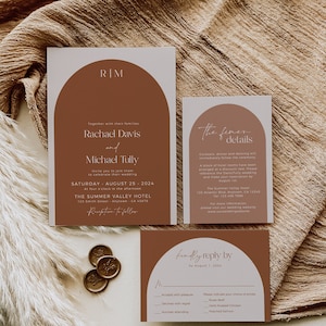 Suite de invitación de boda editable minimalista Boho Arch, invitación fotográfica arqueada de terracota, plantilla imprimible de detalles de RSVP, descarga instantánea 576-A