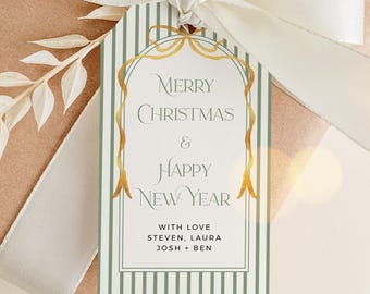 Editable Vintage Holiday Label, Green Striped Christmas Gift Tag Template, Xmas Tag, Printable, 226-B