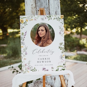 Funeral Welcome Sign Woman, Wildflower Memorial Poster, Celebration of Life Sign with Photo Printable In Memory Sign Template Editable 581-A