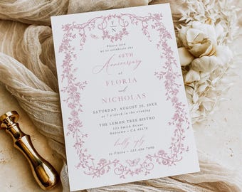 Chinoiserie Wedding Anniversary Party Invite with Photo, Pink Toile Anniversary Invitation,  Editable Template, 523-B