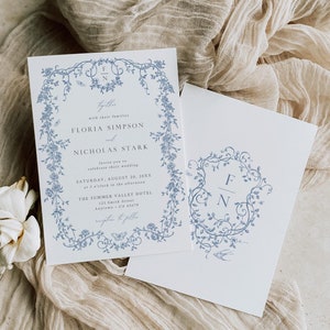 Invitación de boda con estilo chinoiserie en azul polvoriento, plantilla de invitación de boda francesa Toile de Jouy, invitación de estilo regencia imprimible, vintage editable 523-A