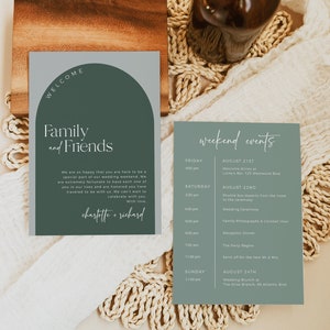 Itinerario de fin de semana de boda en arco de Sage, cronograma de boda en arco de Sage, carta de bolsa de bienvenida moderna, plantilla de orden de eventos editable boho, 502-A