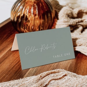 Cartões de lugar editáveis modernos Sage Green, cartões de assento minimalistas para impressão, cartões de nome Boho, modelo de cartão de casamento mínimo Sage 580-A