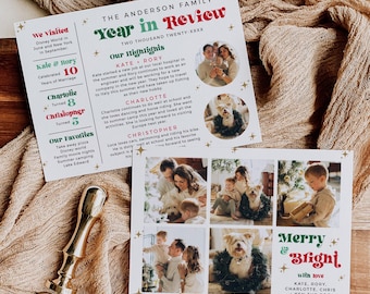 Year in Review Christmas Card Template, Retro Family Newsletter Card Landscape 7 Photos, Editable 214-A