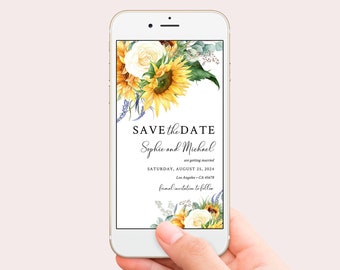 Yellow Floral Save our Date Template, Digital Sunflower Editable Save the Date, Eucalyptus Text Message Social Media, Instant Download 565-A