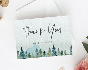 Mountains Editable Thank You Cards, Printable Rustic Outdoors Thank You Cards, DIY Template, Woodland Forest Instant Download Templett 531-A