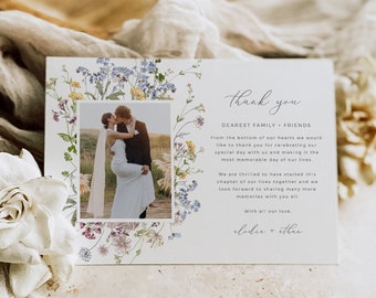 Wedding Thank You Card with Photo Wildflower, Floral Thank You Card Template, Printable Photo Thank You Note Editable Thank You Card, 504-A