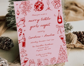 Doodle Christmas Party Invite Template, Merry Little Girls Night Invitation, Xmas Cocktails, Editable, 222-B