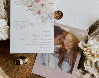 Dusty Rose Boho Engagement Invite, Engagement Party Invitation, Pampas Grass Invitation Template, Pink Boho Printable Invite, Editable 593-A