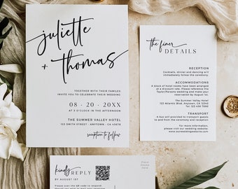 Contemporary Wedding Invitation Suite, Modern Wedding Invite Set, Printable Photo Invite, QR Code RSVP, Details, Editable Template, 594-A
