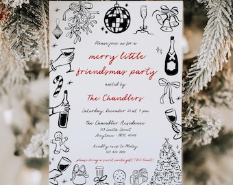 Quirky Friendsmas Christmas Party Invitation Template, Xmas Cocktails Invite, Doodle Holiday Drinks, Editable, 222-A