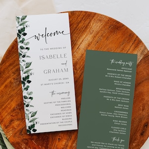 May include: A wedding ceremony programme with a green leafy design. The programme includes the wedding date, location, and a list of the ceremony events. The wedding party information is on a separate card with a green background.
