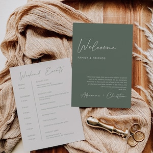 Sage Green Modern Editable Welcome Bag Letter Itinerary, Minimal Wedding Timeline, Printable Order of Events Template Instant Download 580-A