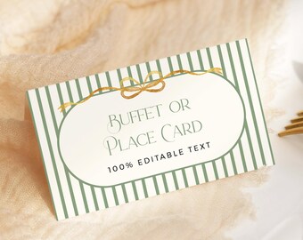 Green Striped Christmas Buffet Label Template, Editable Food Tent Card, Holiday Place Card,  226-B