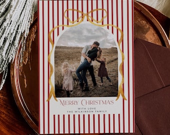 Editable Bow Holiday Card, Red Striped Photo Christmas Card Template, Printable Vintage Xmas, 226-A