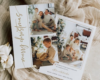 Editable Minimal Gold Holiday Card Template, Modern Christmas Photo Card, Printable Minimalist Photo Holiday Card, Instant Download 212-A