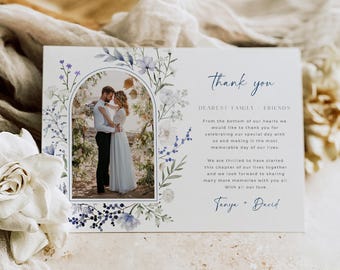 Wildflower Thankyou Template, Dusty Blue Wedding Thank You Card with Photo, Printable  Editable, 509-A