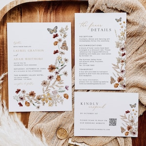 Ensemble de faire-part de mariage automne fleurs sauvages, code QR RSVP, suite d'invitations automne avec photo, lot de papeterie imprimable, modèle modifiable, 513-A