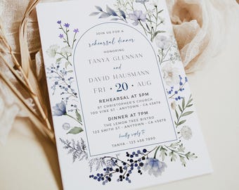 The Night Before Invite Rehearsal, Arch Dusty Blue Wildflower Rehearsal Dinner Invitation Floral Rehearsal Invite Template, Editable, 509-A