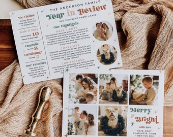 Year in Review Christmas Card Template, Boho Family Newsletter Card Landscape, Editable Overview of Year Card with Photos, Retro Xmas 215-A