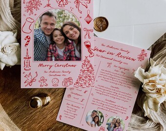 Overview of Year with Photo, Editable Doodle Year in Review Christmas Card, Printable Family Newsletter Quirky Year in Review Template 222-B