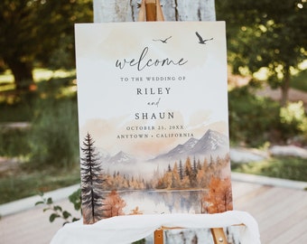 Fall Wedding Welcome Poster, Forest Welcome Board, Woodland Welcome Sign, Printable Rustic Welcome Sign, Mountains, Editable Template, 599-A