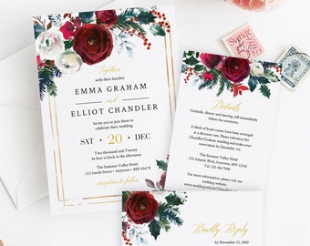 Christmas Floral Editable Wedding Invitation Suite, Cranberry RSVP Details, Printable Template, Winter Holly Instant Download Templett 543-A