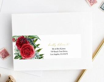 Red Rose Wrap Around Editable Address Label Template, Red Gold Printable Envelope Address Label, DIY Addresses, Instant Download, 541-A