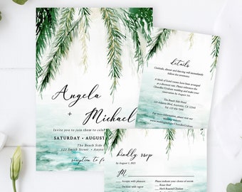 Editable Beach Wedding Invitation Suite, Tropical RSVP Details, Destination Wedding Printable Template, Palms Ocean, Instant Download 553-A