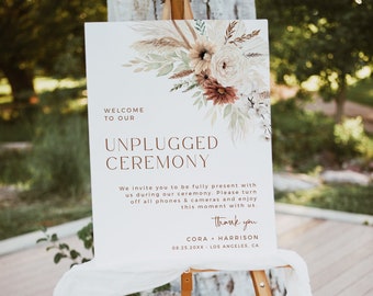 Editable Boho Unplugged Wedding Sign, Printable Pampas Grass Unplugged Ceremony, Terracotta Beige, 5 Sizes, Template, Instant Download 590-A