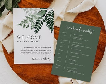 Editable Fern Welcome Bag Letter Itinerary, Minimal Botanical Wedding Timeline, Modern Printable Order of Events Template, Download, 586-A