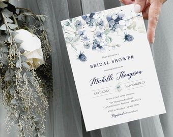 Winter Floral Editable Bridal Shower Invitation, Navy Silver Gray Boho Shower Invite DIY Template, Blue Printable, Instant Download, 544-A