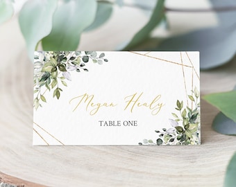 Foliage Seating Cards, Gold Green Geometric Editable Place Cards, Botanical Name Card, Wedding Place Card Template Name Card Printable 538-A