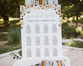 Pressed Flower Table Plan Poster, Fall Wildflower Wedding Seating Chart, Autumn Wedding Seating Plan Board Printable Editable Template 513-A