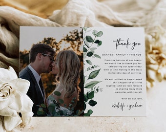 Wedding Thank You Card, Thank You Card with Photo, Greenery Thank You Botanical Printable Thank You, Editable Thank You Card Template, 596-A