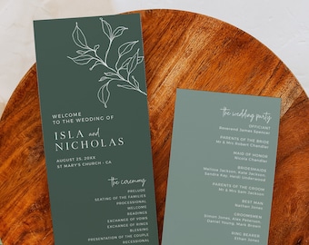 Sage Modern Wedding Program, Minimal Wedding Program Template, Elegant Ceremony Program, Botanical Order of Service Wedding, Editable 589-C