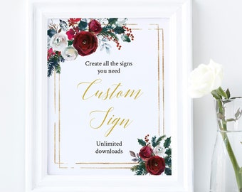 Editable Cranberry Gold Floral Custom Wedding Sign, Christmas Unlimited Signs Printable Wedding Shower Decor Template Instant Download 543-A