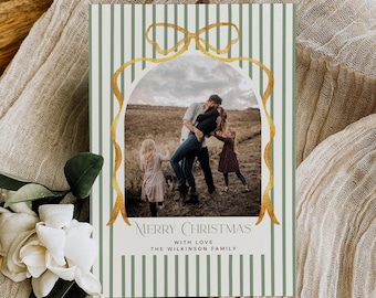 Editable Bow Holiday Card, Striped Christmas Card Template with Photo, Printable Vintage Xmas, 226-B